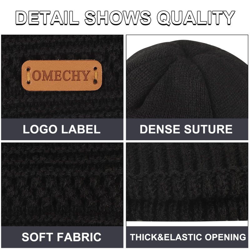 OMECHY Beanie for Men Women Thick Warm Fluffy Lined Knit Winter Hat Slouch Chunky Stretch Plain Cuff Toboggan Cap Black - Image 3